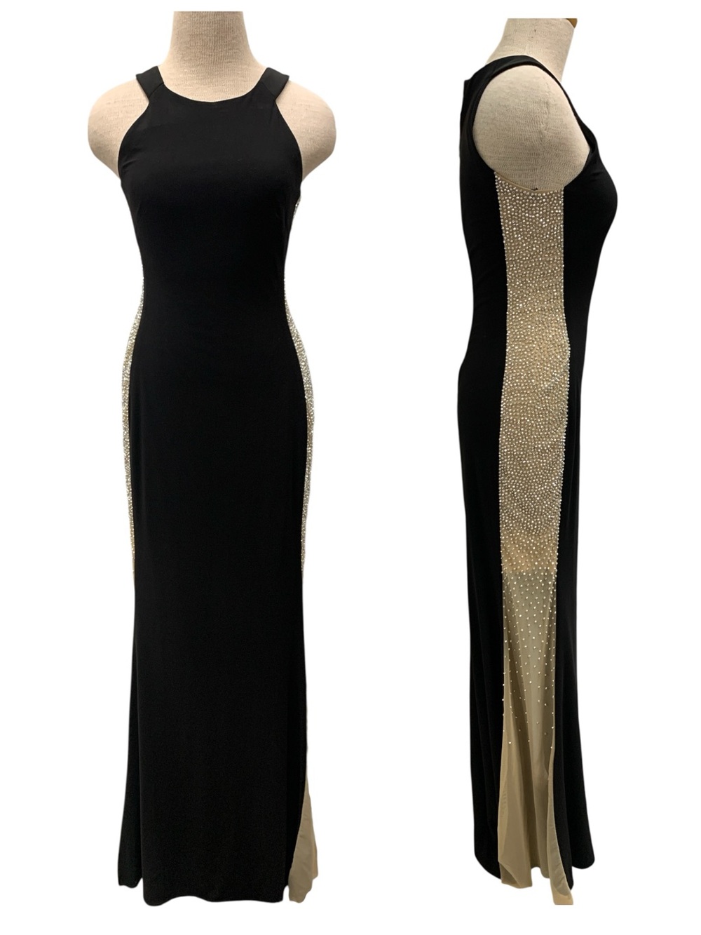 BA Nites Black Maxi Evening Dress with Gold Beaded Side Panels Size S